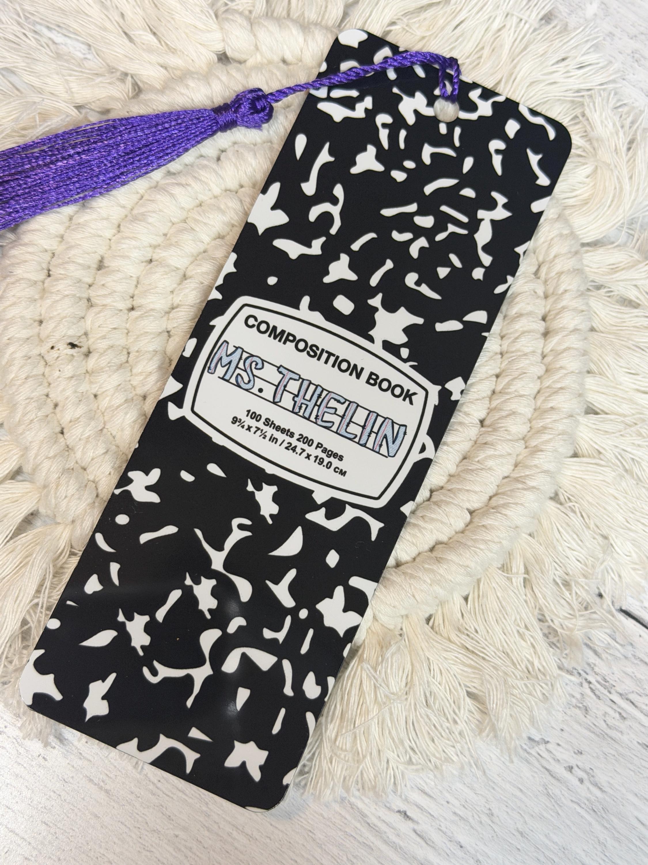 Personalized Composition Book Metal Bookmark | Reader Gift, Durable Tassel (5 x 2 in)