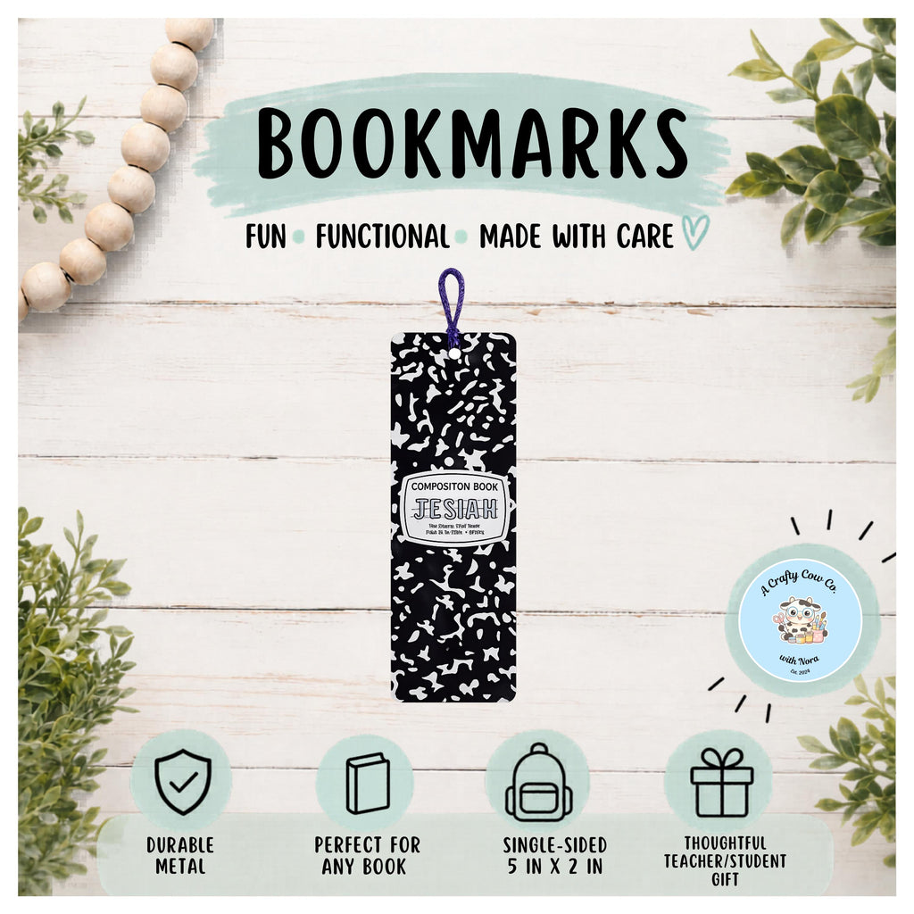 Personalized Composition Book Metal Bookmark | Reader Gift, Durable Tassel (5 x 2 in)