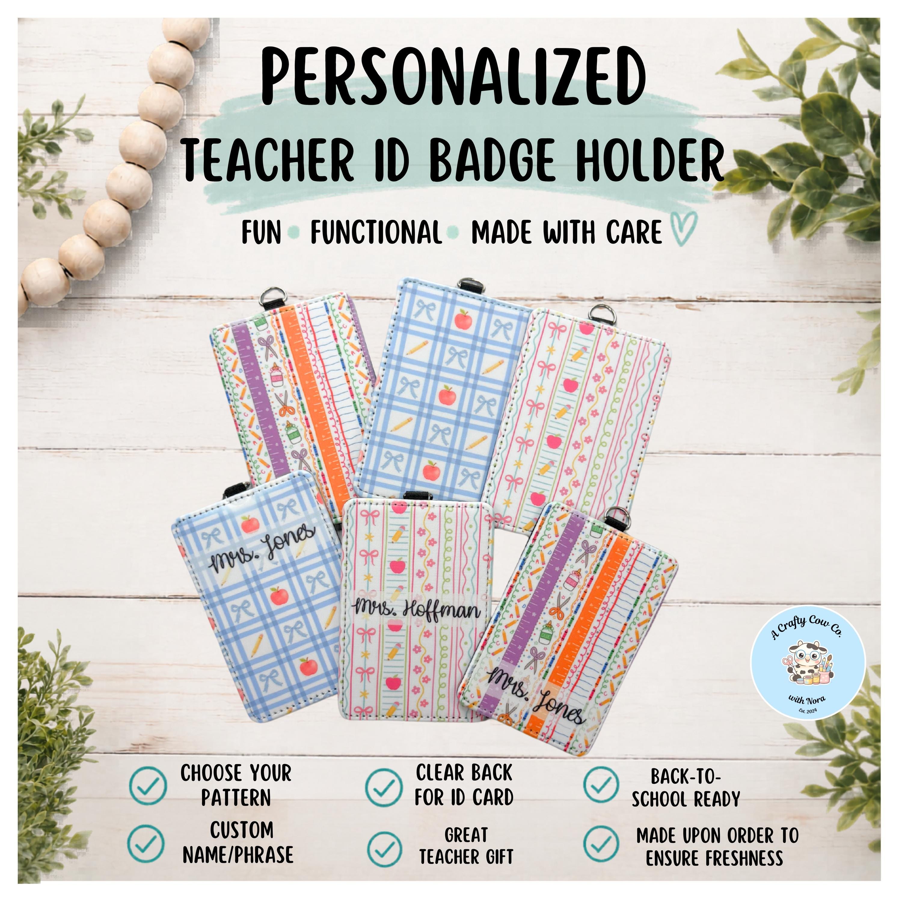Personalized Teacher ID Badge Holder | Custom Name, Classroom Card Case, Poly Leather Accessory