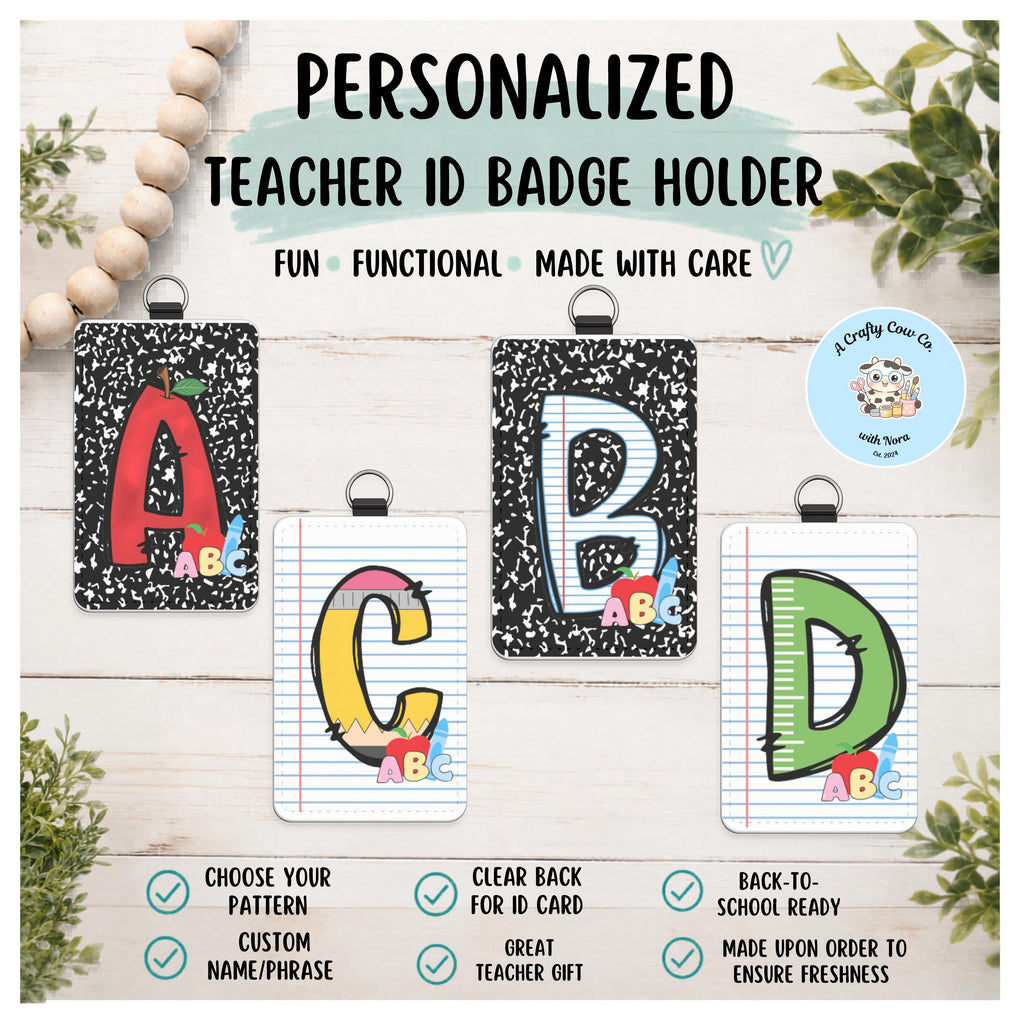 Personalized Teacher ID Badge Holder | Custom Name, Poly Leather Card Case