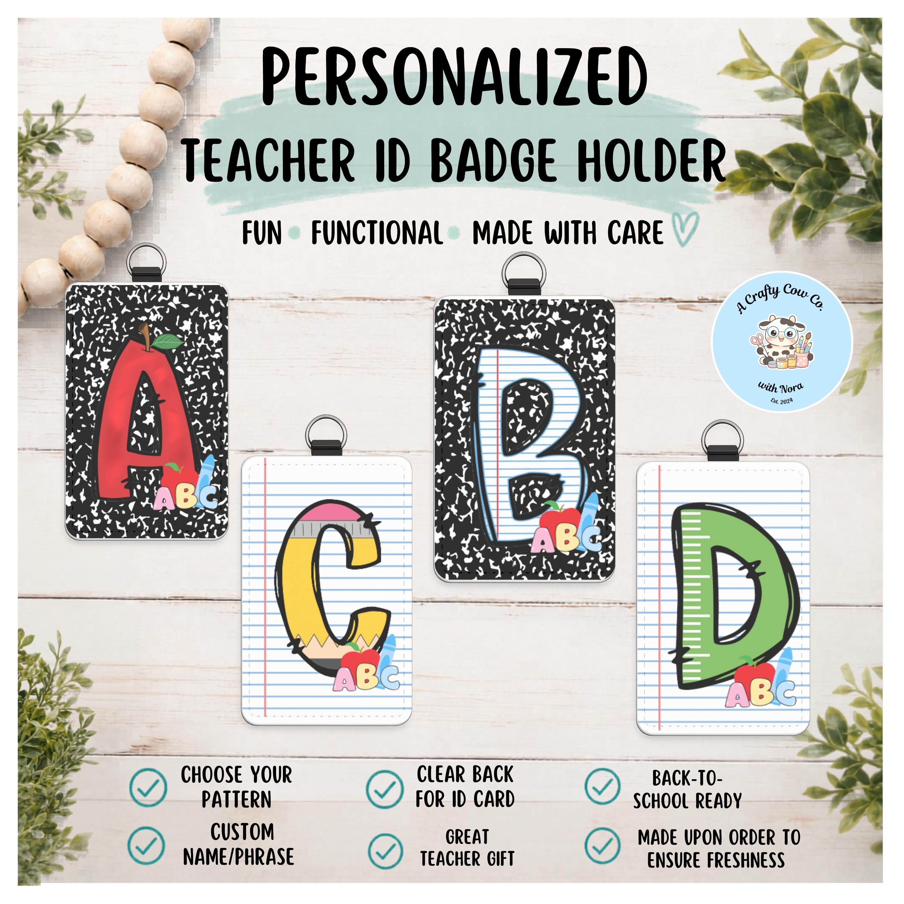 Personalized Teacher ID Badge Holder | Custom Name, Poly Leather Card Case